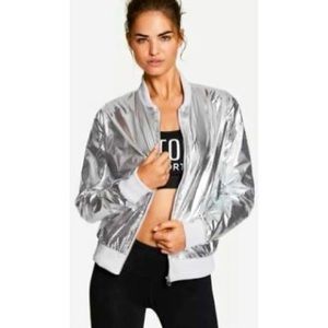 Victorias Secret Sport Silver Metallic Zip Up Bomber Jacket Womens Size S